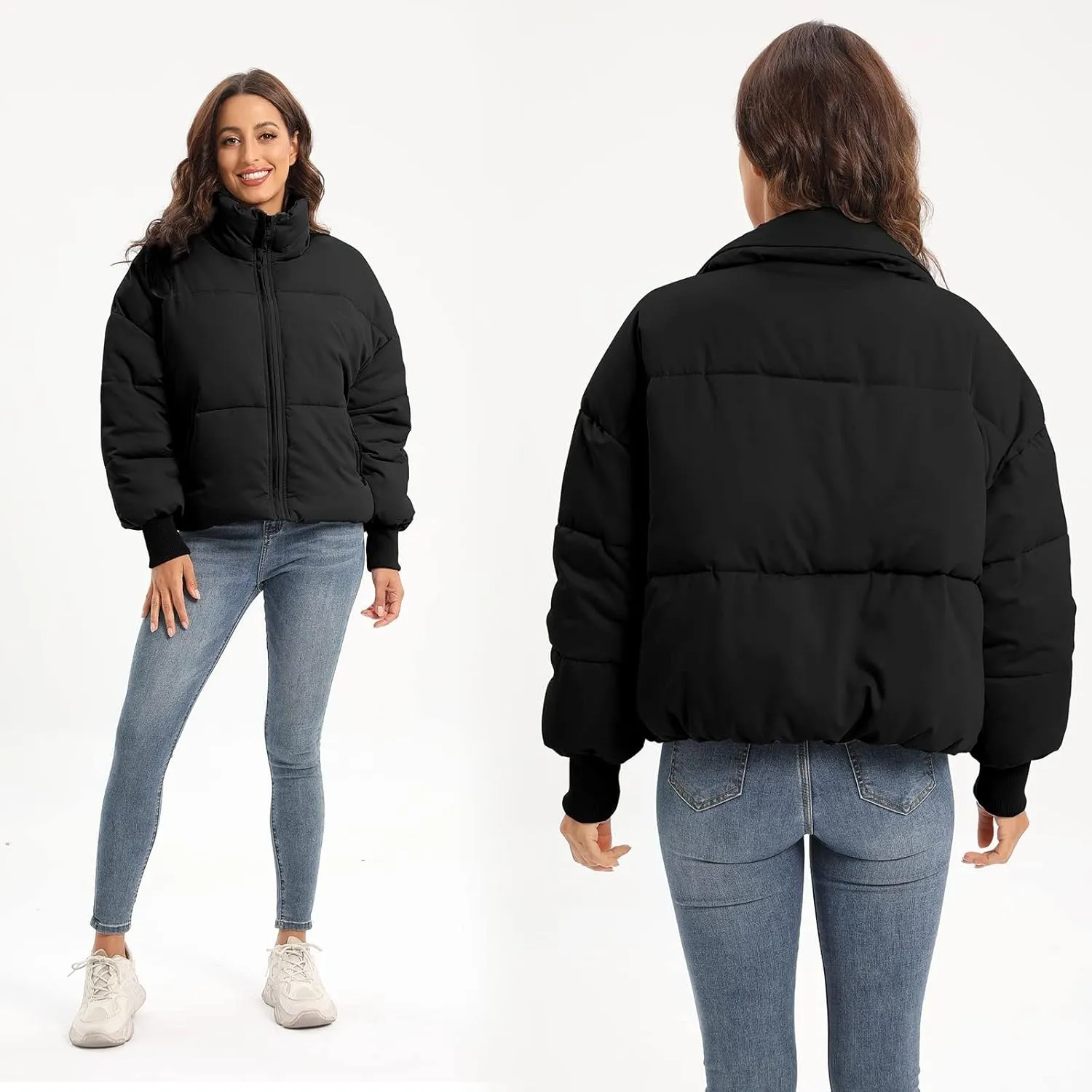 Women's Puffer Jacket Long Sleeve Zip Up Warm Baggy Winter Jackets for Women