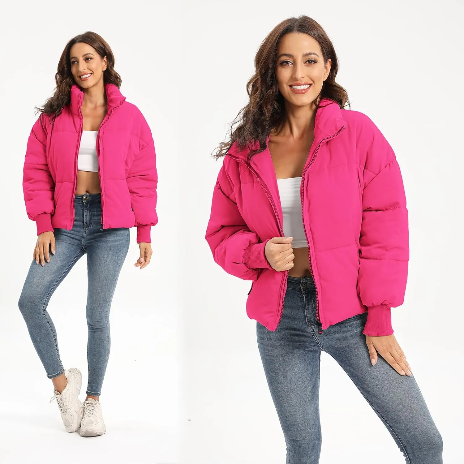 Women's Puffer Jacket Long Sleeve Zip Up Warm Baggy Winter Jackets for Women