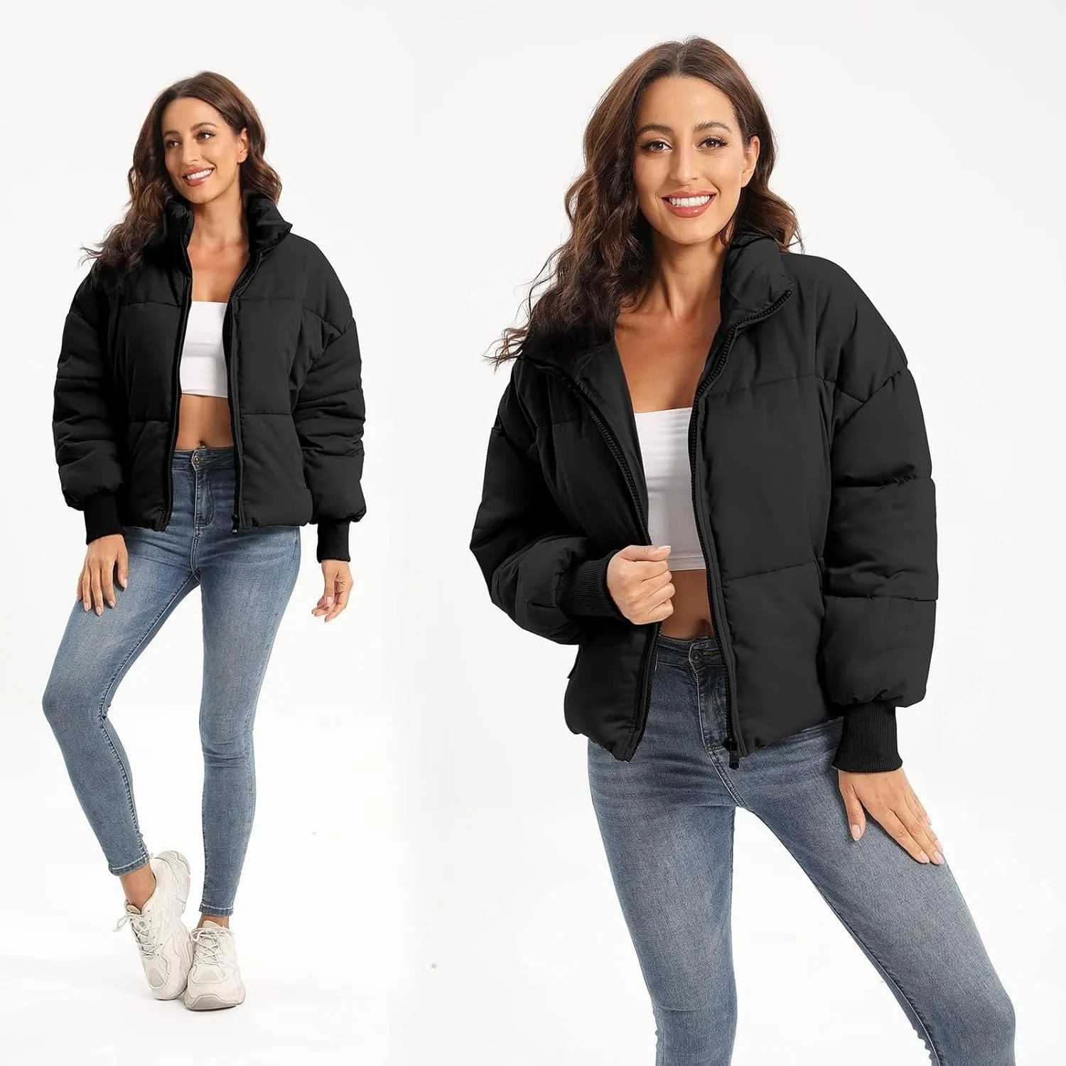 Women's Puffer Jacket Long Sleeve Zip Up Warm Baggy Winter Jackets for Women