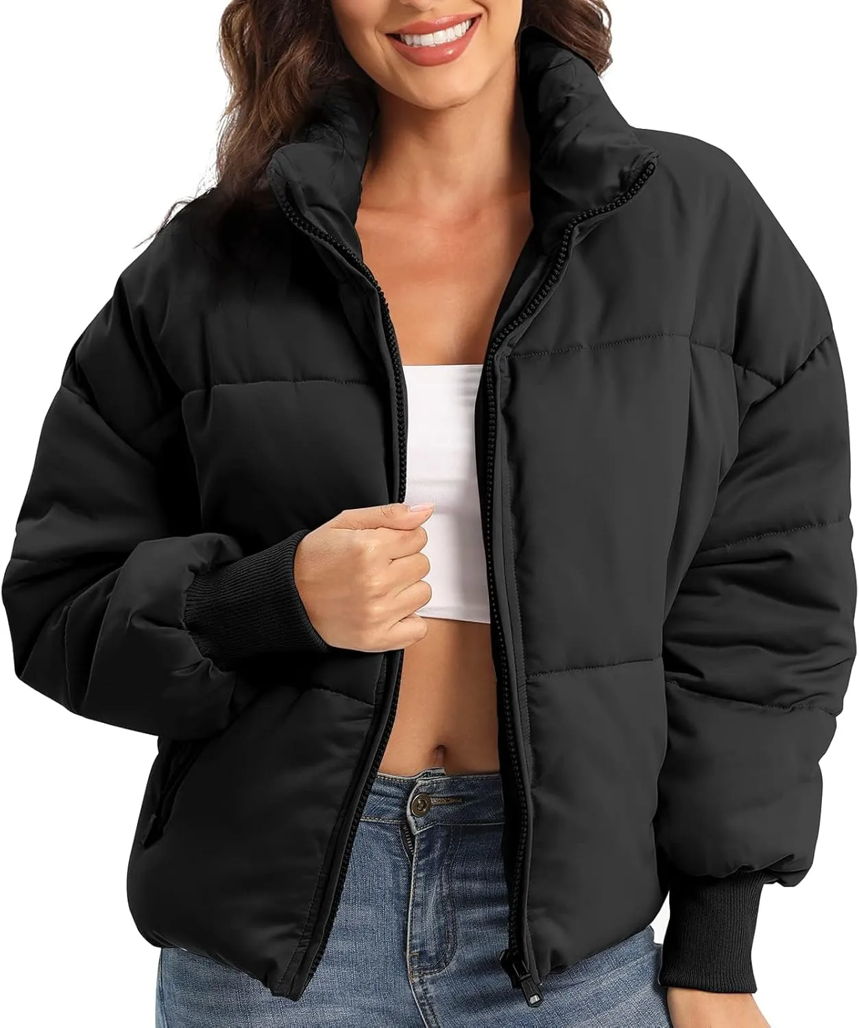 Women's Puffer Jacket Long Sleeve Zip Up Warm Baggy Winter Jackets for Women