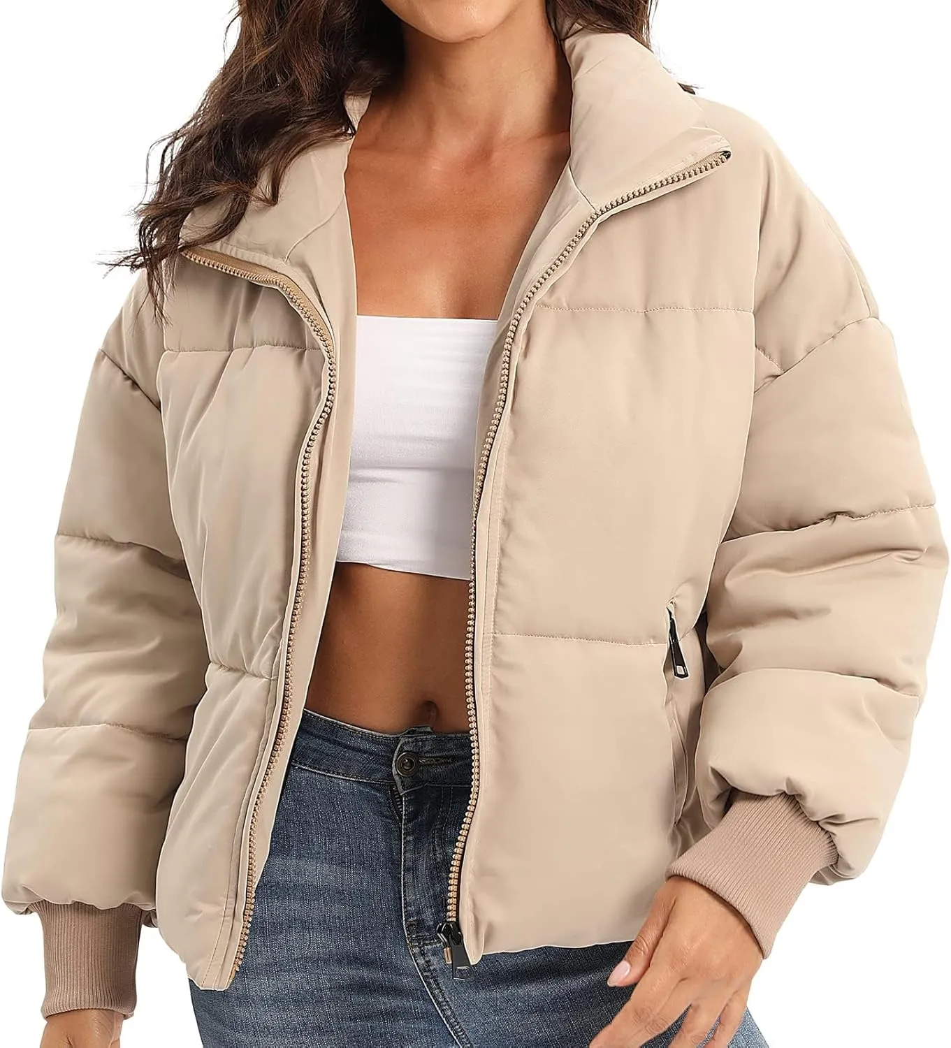 Women's Puffer Jacket Long Sleeve Zip Up Warm Baggy Winter Jackets for Women