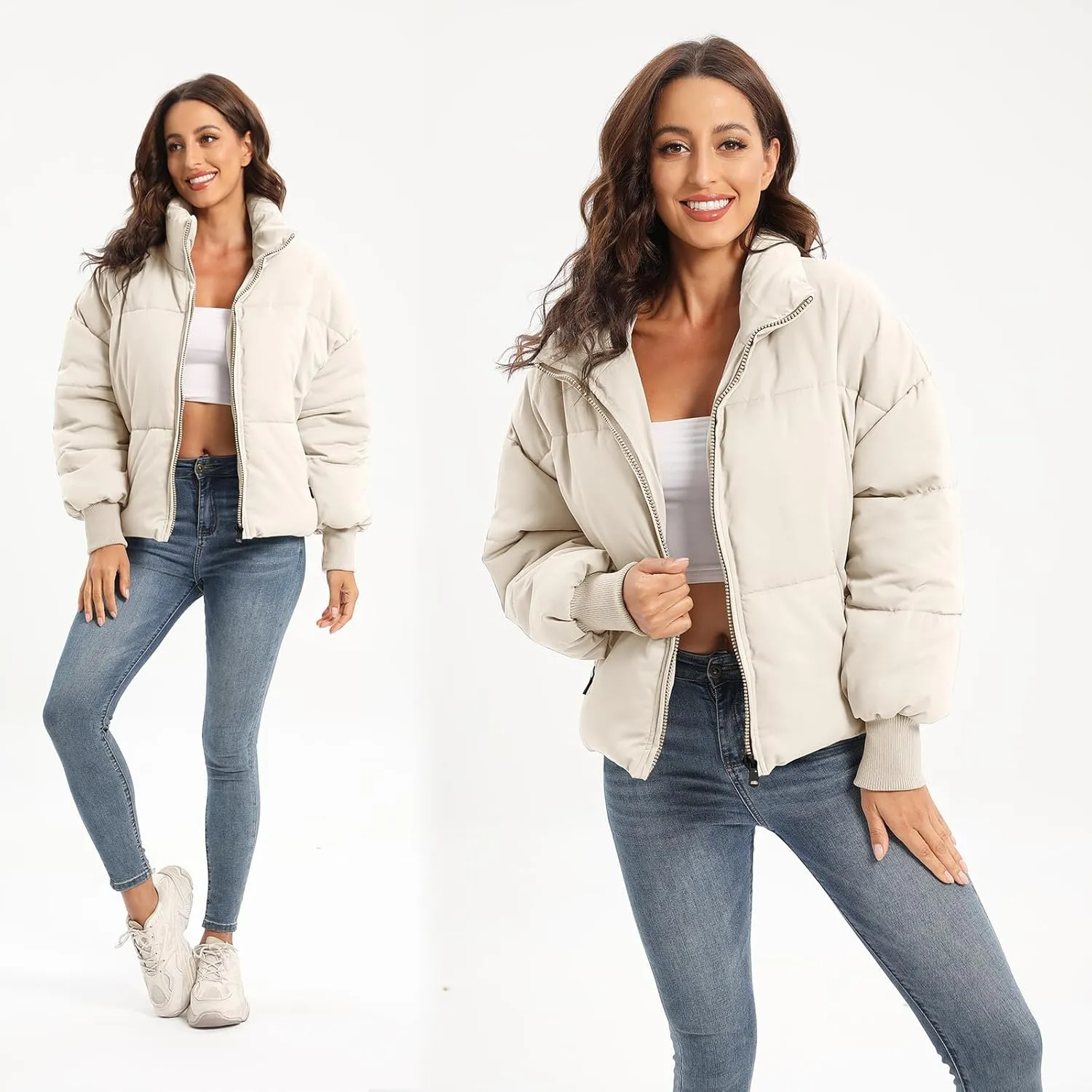 Women's Puffer Jacket Long Sleeve Zip Up Warm Baggy Winter Jackets for Women