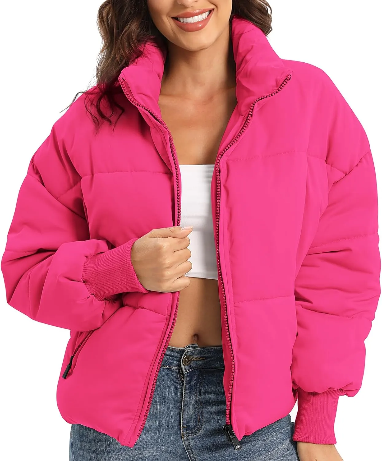 Women's Puffer Jacket Long Sleeve Zip Up Warm Baggy Winter Jackets for Women