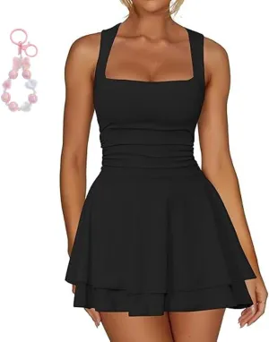 Women's Ruffle Hem Boat Neck Mini Dress Sleeveless Ruched Corset Short Party Dresses Women's Summer Mini Dress