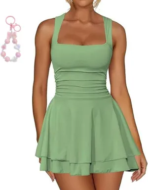 Women's Ruffle Hem Boat Neck Mini Dress Sleeveless Ruched Corset Short Party Dresses Women's Summer Mini Dress