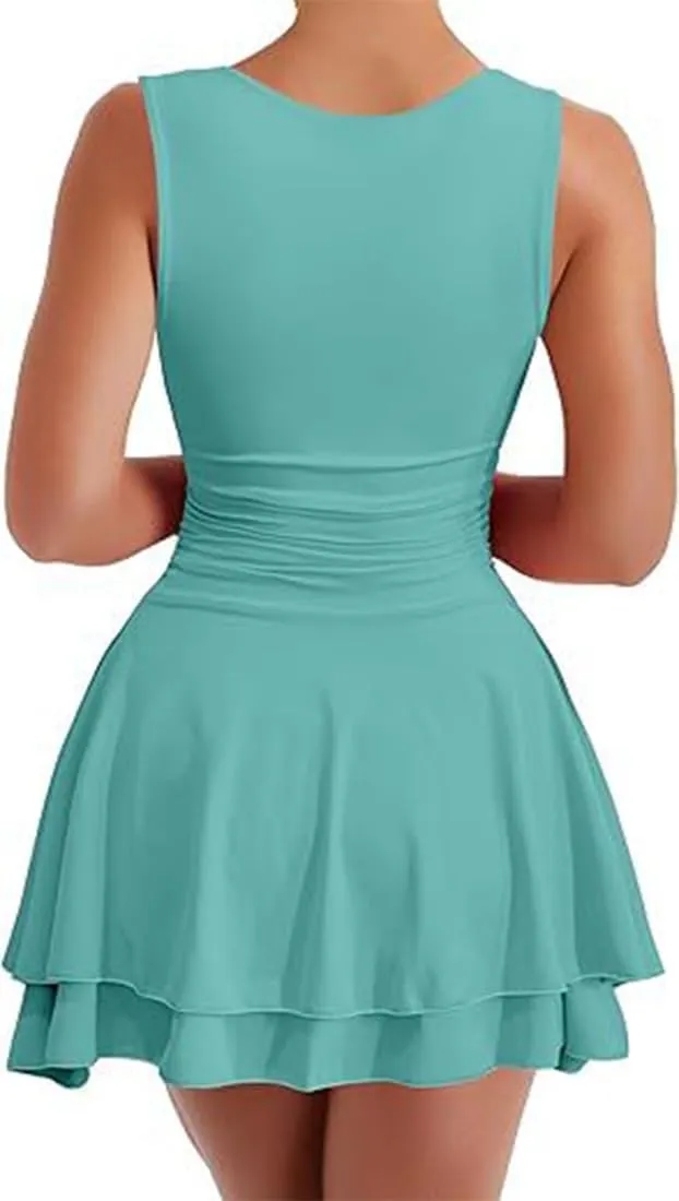 Women's Ruffle Hem Boat Neck Mini Dress Sleeveless Ruched Corset Short Party Dresses Women's Summer Mini Dress