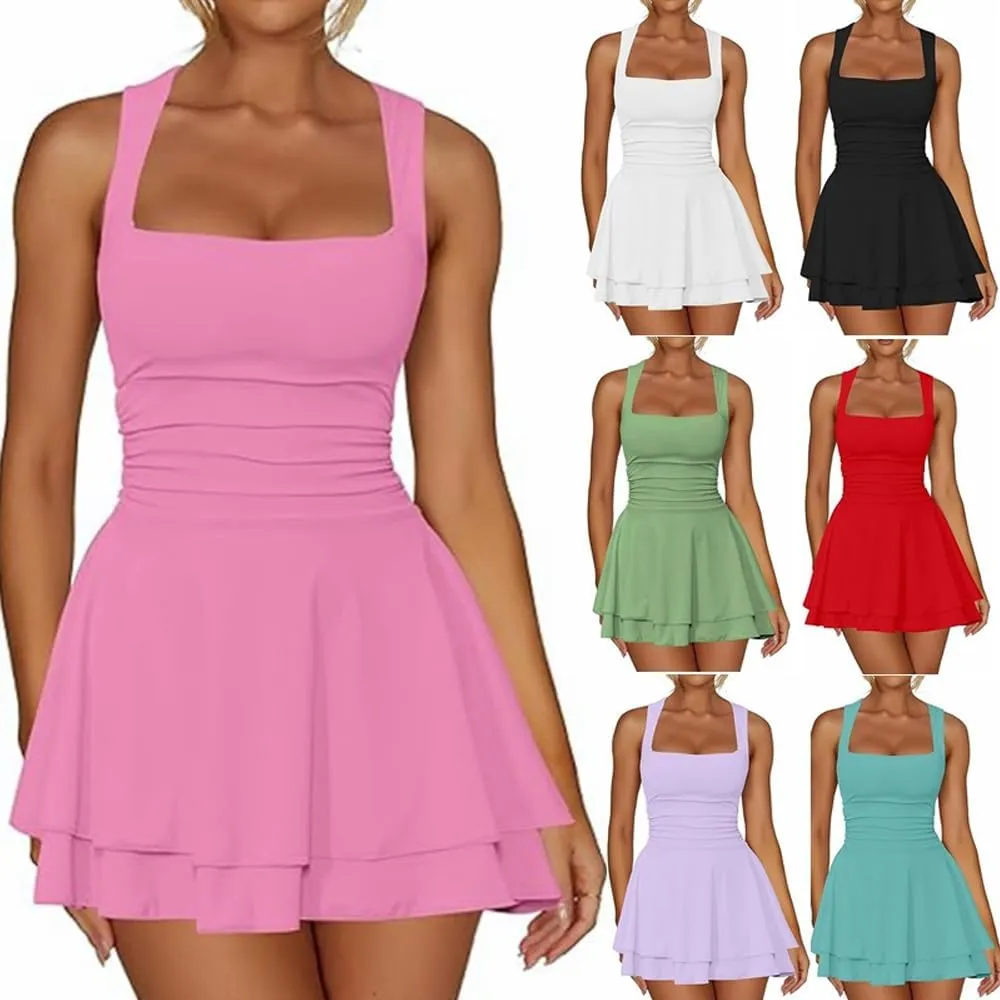 Women's Ruffle Hem Boat Neck Mini Dress Sleeveless Ruched Corset Short Party Dresses Women's Summer Mini Dress