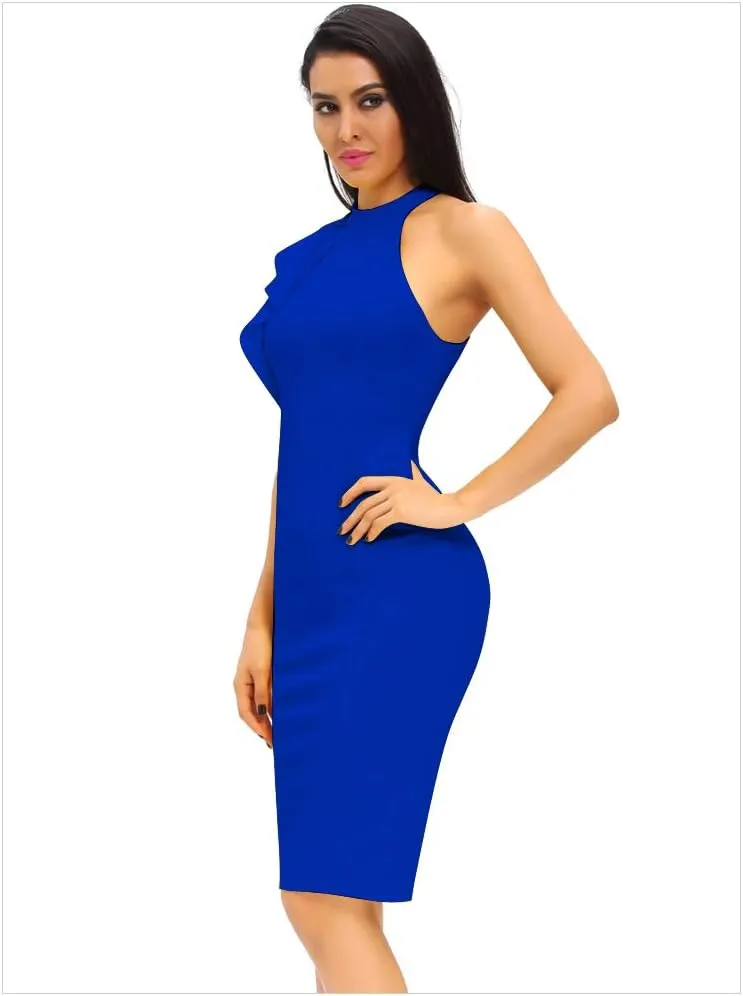 Women's Ruffle Sleeve One High Neck Midi Bodycon Cocktail Party Dress
