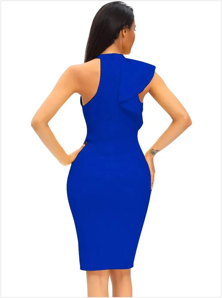 Women's Ruffle Sleeve One High Neck Midi Bodycon Cocktail Party Dress