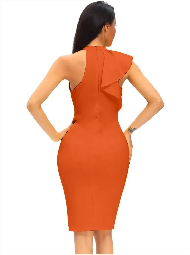 Women's Ruffle Sleeve One High Neck Midi Bodycon Cocktail Party Dress