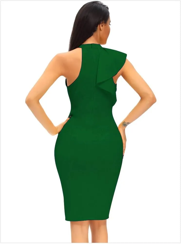Women's Ruffle Sleeve One High Neck Midi Bodycon Cocktail Party Dress