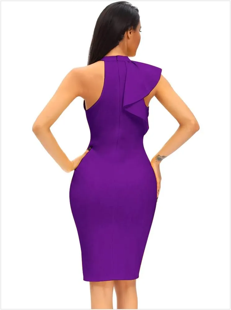 Women's Ruffle Sleeve One High Neck Midi Bodycon Cocktail Party Dress