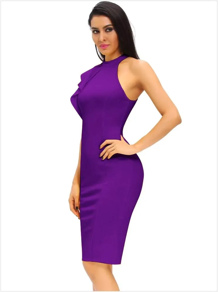 Women's Ruffle Sleeve One High Neck Midi Bodycon Cocktail Party Dress
