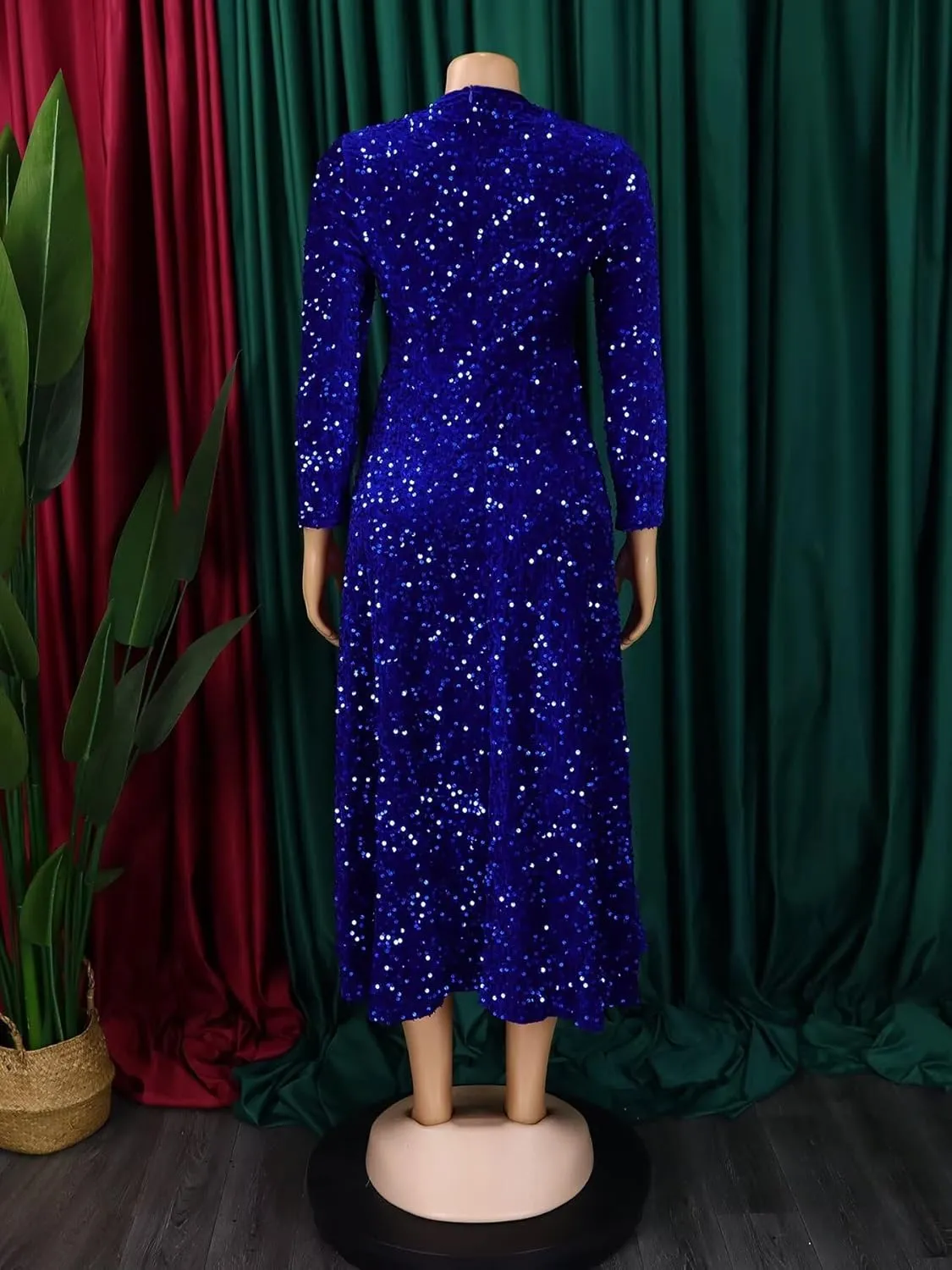 Women's Sequin Plus Size Midi Dress Long Sleeve Scoop Neck Pleated A Line Cocktail Party Dresses