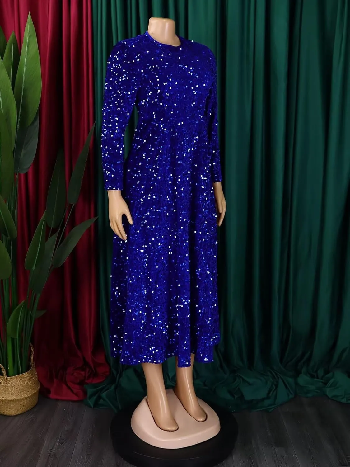 Women's Sequin Plus Size Midi Dress Long Sleeve Scoop Neck Pleated A Line Cocktail Party Dresses