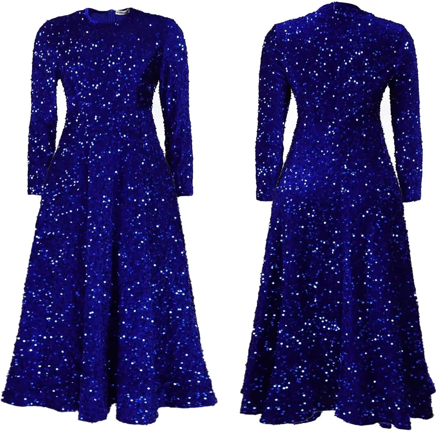 Women's Sequin Plus Size Midi Dress Long Sleeve Scoop Neck Pleated A Line Cocktail Party Dresses