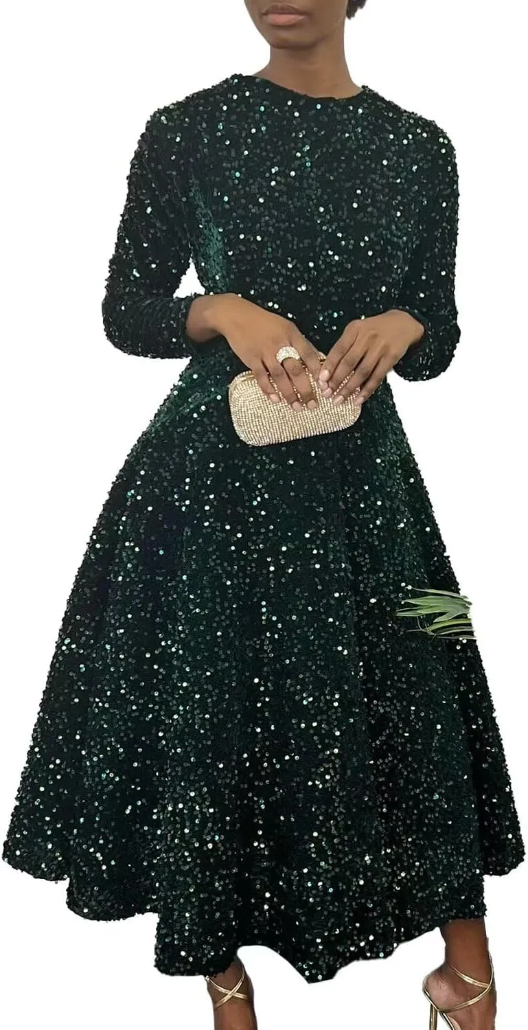 Women's Sequin Plus Size Midi Dress Long Sleeve Scoop Neck Pleated A Line Cocktail Party Dresses