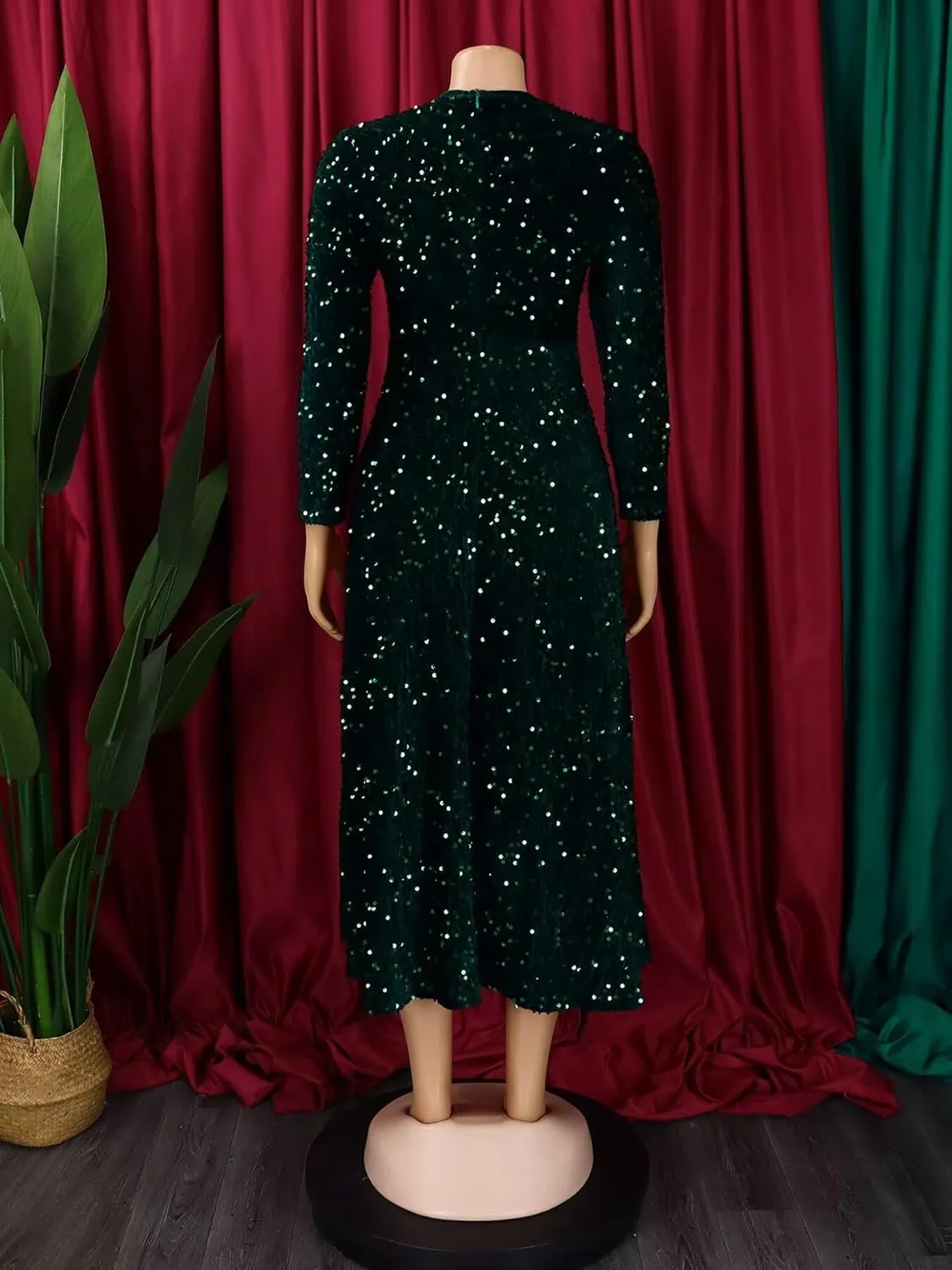 Women's Sequin Plus Size Midi Dress Long Sleeve Scoop Neck Pleated A Line Cocktail Party Dresses