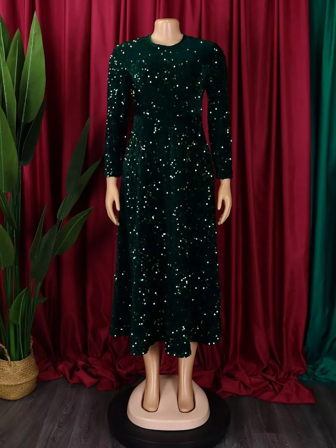 Women's Sequin Plus Size Midi Dress Long Sleeve Scoop Neck Pleated A Line Cocktail Party Dresses