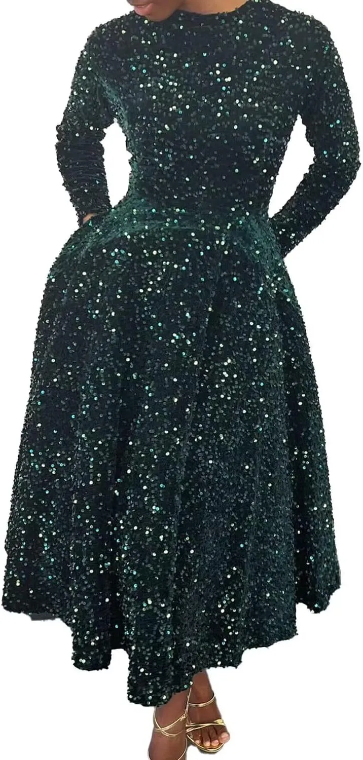 Women's Sequin Plus Size Midi Dress Long Sleeve Scoop Neck Pleated A Line Cocktail Party Dresses