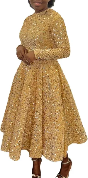 Women's Sequin Plus Size Midi Dress Long Sleeve Scoop Neck Pleated A Line Cocktail Party Dresses