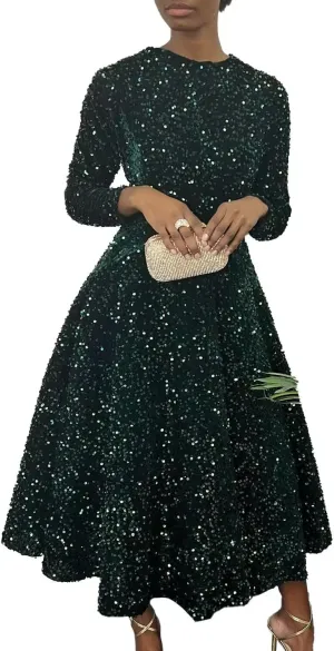 Women's Sequin Plus Size Midi Dress Long Sleeve Scoop Neck Pleated A Line Cocktail Party Dresses