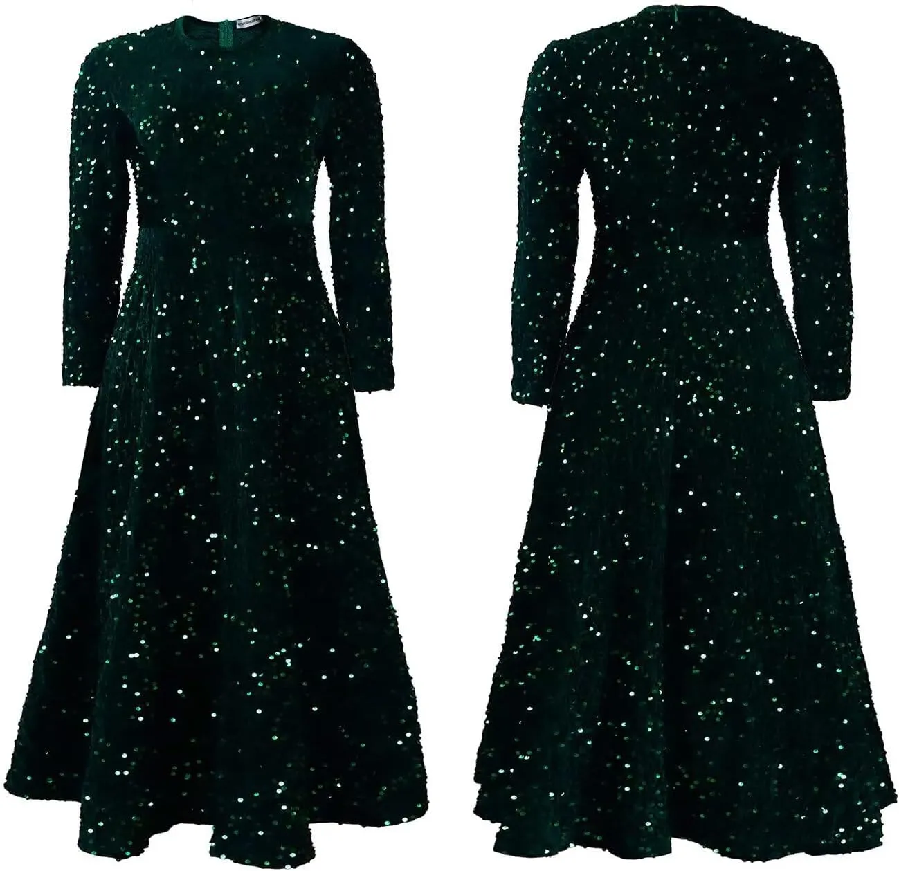 Women's Sequin Plus Size Midi Dress Long Sleeve Scoop Neck Pleated A Line Cocktail Party Dresses