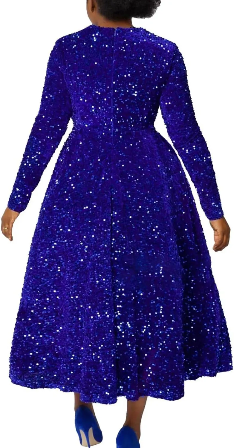 Women's Sequin Plus Size Midi Dress Long Sleeve Scoop Neck Pleated A Line Cocktail Party Dresses