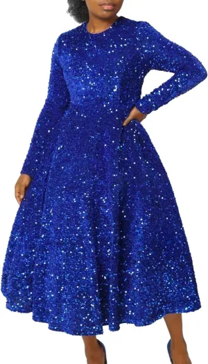 Women's Sequin Plus Size Midi Dress Long Sleeve Scoop Neck Pleated A Line Cocktail Party Dresses