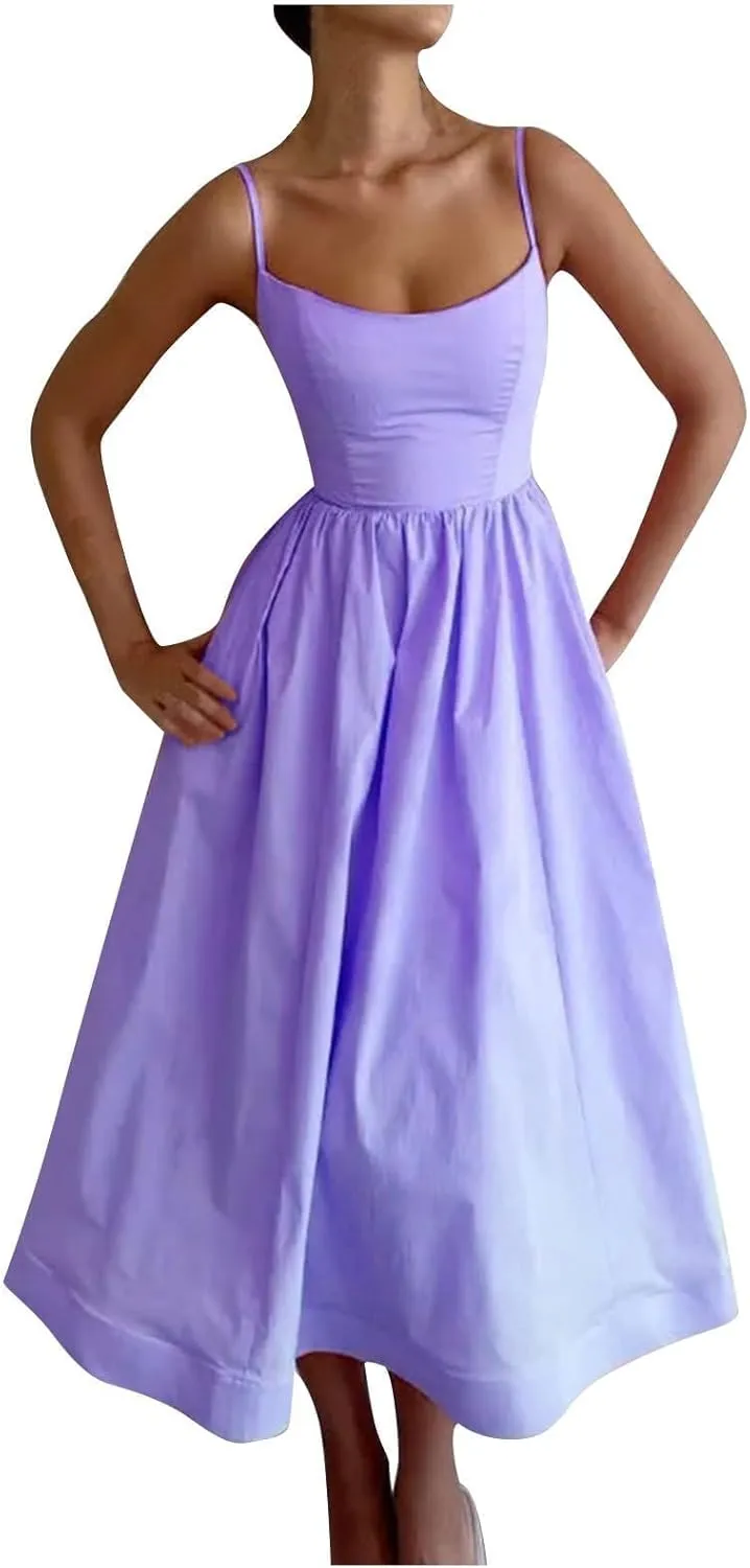 Women's Sexy U-Neck Sundress with Gathered Skirt Sleeveless Casual Summer Dress Lightweight Spaghetti Strap Clothing