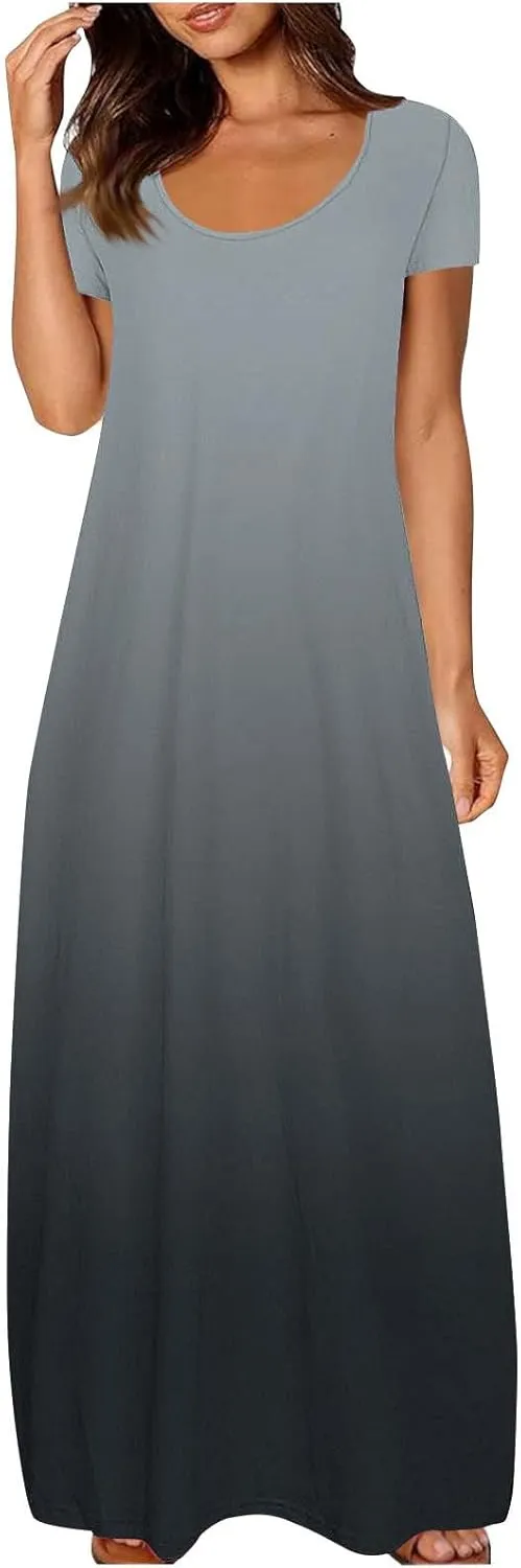 Women's Short Sleeve Loose Sundress Gradient Graphic Print Round Neck Beach Maxi Dresses Casual Trendy Clothes