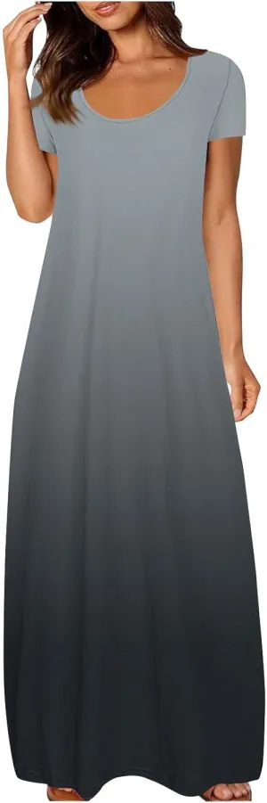 Women's Short Sleeve Loose Sundress Gradient Graphic Print Round Neck Beach Maxi Dresses Casual Trendy Clothes