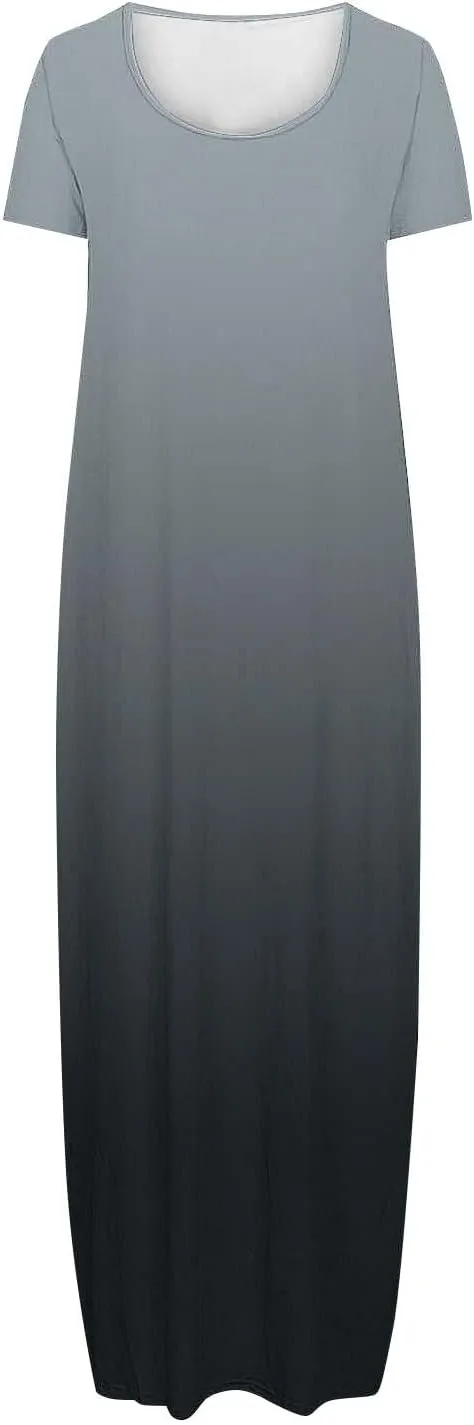 Women's Short Sleeve Loose Sundress Gradient Graphic Print Round Neck Beach Maxi Dresses Casual Trendy Clothes