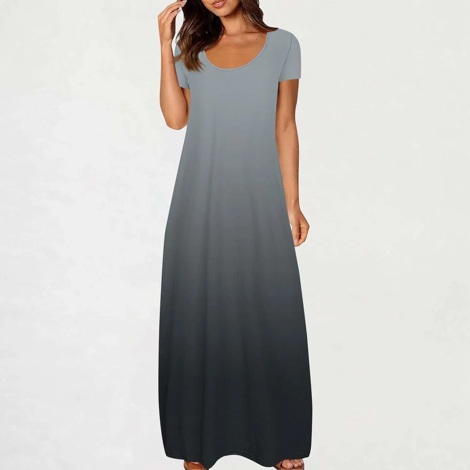 Women's Short Sleeve Loose Sundress Gradient Graphic Print Round Neck Beach Maxi Dresses Casual Trendy Clothes