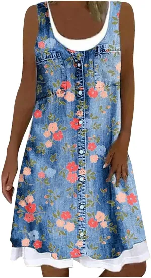 Womens Sleeveless Fake Two-Piece Sleeveless Dress Floral Print Casual Sundresses Summer Novelty Clothes