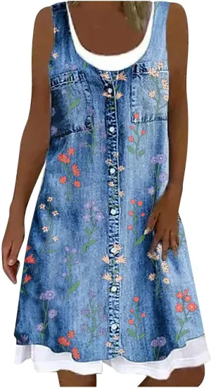 Womens Sleeveless Fake Two-Piece Sleeveless Dress Floral Print Casual Sundresses Summer Novelty Clothes