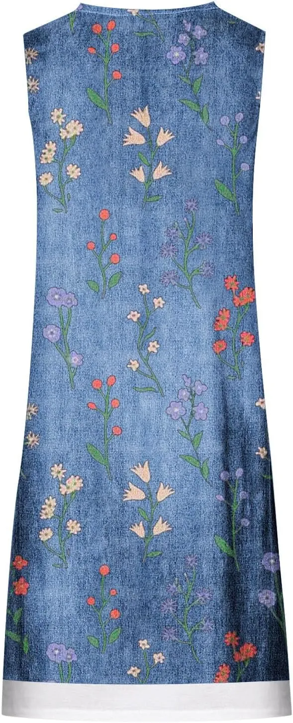 Womens Sleeveless Fake Two-Piece Sleeveless Dress Floral Print Casual Sundresses Summer Novelty Clothes