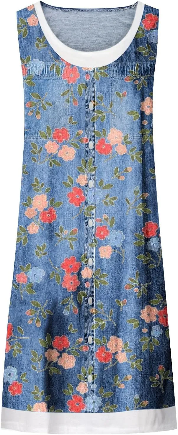 Womens Sleeveless Fake Two-Piece Sleeveless Dress Floral Print Casual Sundresses Summer Novelty Clothes