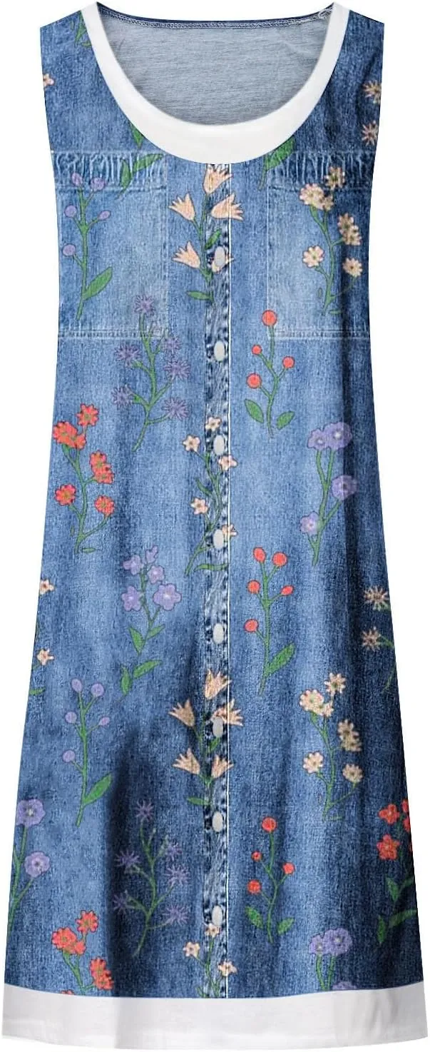 Womens Sleeveless Fake Two-Piece Sleeveless Dress Floral Print Casual Sundresses Summer Novelty Clothes