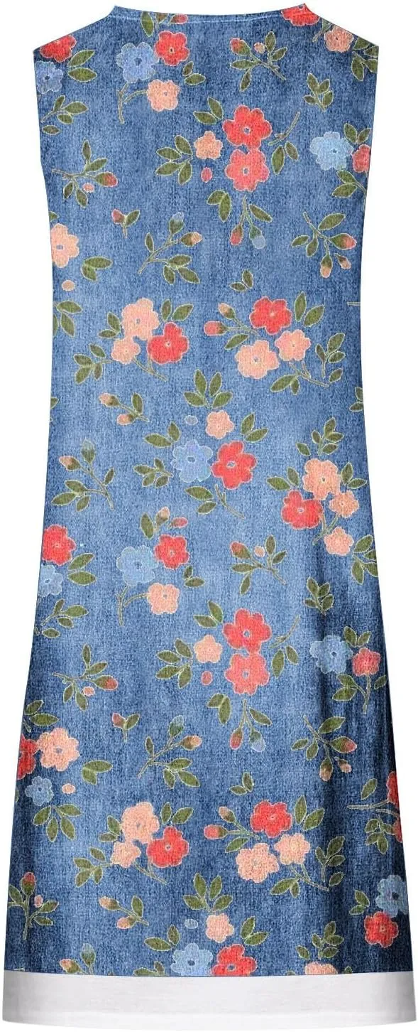 Womens Sleeveless Fake Two-Piece Sleeveless Dress Floral Print Casual Sundresses Summer Novelty Clothes