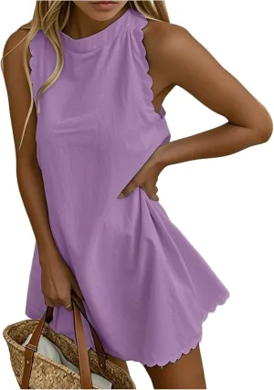 Womens Sleeveless Tank Dress V-Neck Scallop 2025 Summer Dresses Back Zipper Linen Casual Beach Sundress