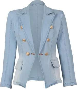 Women's Slim Fit Denim Tailored Double Breasted Pockets Jeans Jacket Denim Long Jacket Women
