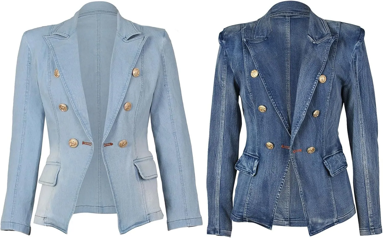 Women's Slim Fit Denim Tailored Double Breasted Pockets Jeans Jacket Denim Long Jacket Women
