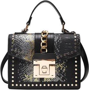 Women's Snake Printed Handbag and Purse PU Leather Flap Stitching Crossbody Shoulder Bag Rivet Top Handle Satchel Bagbag268OWOISS