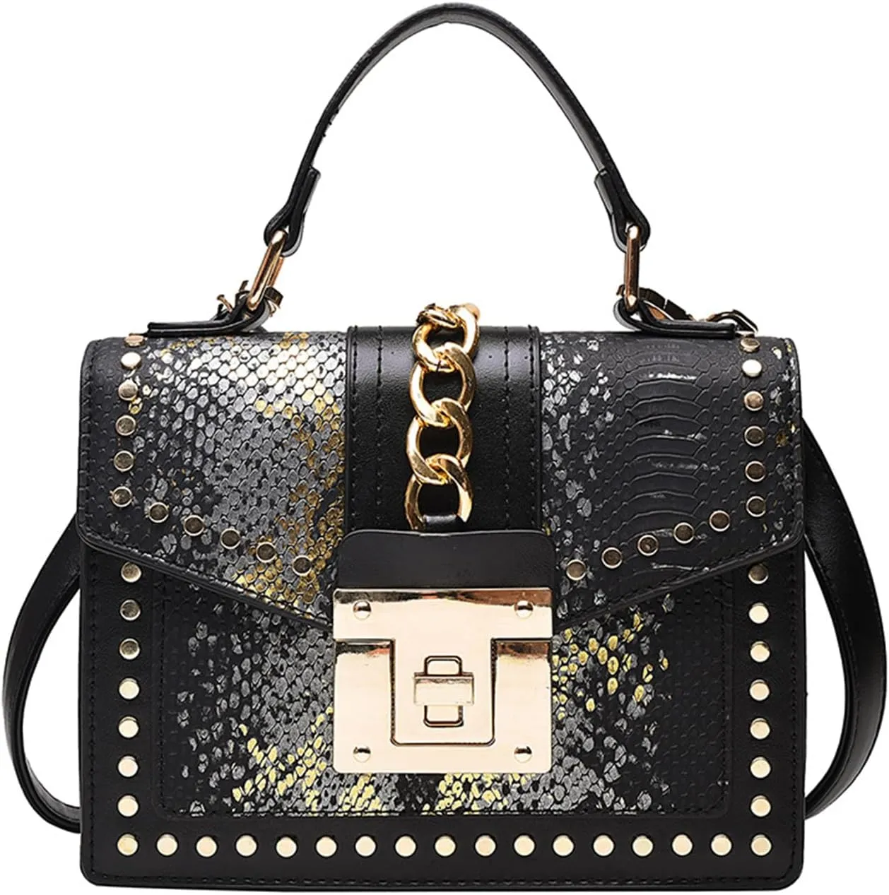 Women's Snake Printed Handbag and Purse PU Leather Flap Stitching Crossbody Shoulder Bag Rivet Top Handle Satchel Bagbag268OWOISS