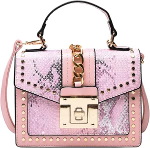 Women's Snake Printed Handbag and Purse PU Leather Flap Stitching Crossbody Shoulder Bag Rivet Top Handle Satchel Bagbag273OWOISS