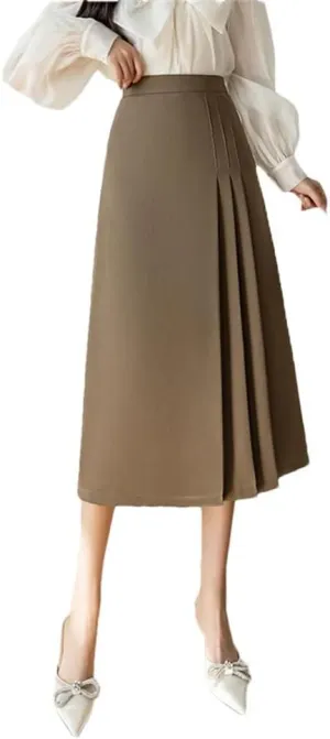 Women's Solid Color High Waist Mid-Length A-Line Retro Pleated Office Casual Skirt