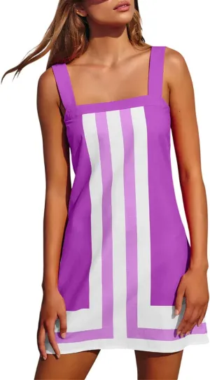 Womens Striped Mini Dress Boho Shoulder Strap Sundress Color Bock Sleeveless Dress Summer Beach Cover Up Short Dresses