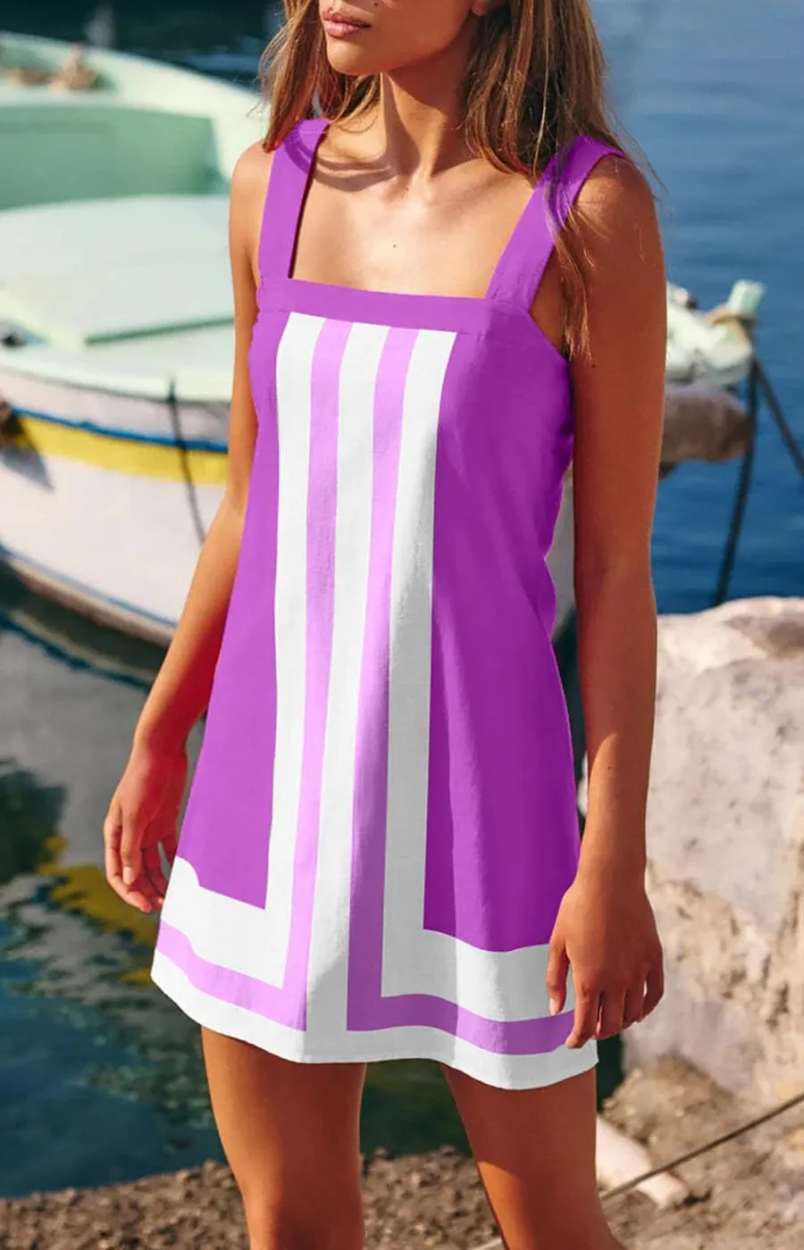 Womens Striped Mini Dress Boho Shoulder Strap Sundress Color Bock Sleeveless Dress Summer Beach Cover Up Short Dresses