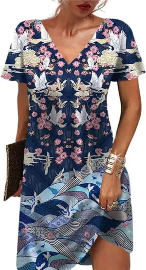 Womens Summer Boho Floral Print V Neck Short Sleeve Sundress Casual Loose Tunic Aline Knee Length Plus Size Midi Dress